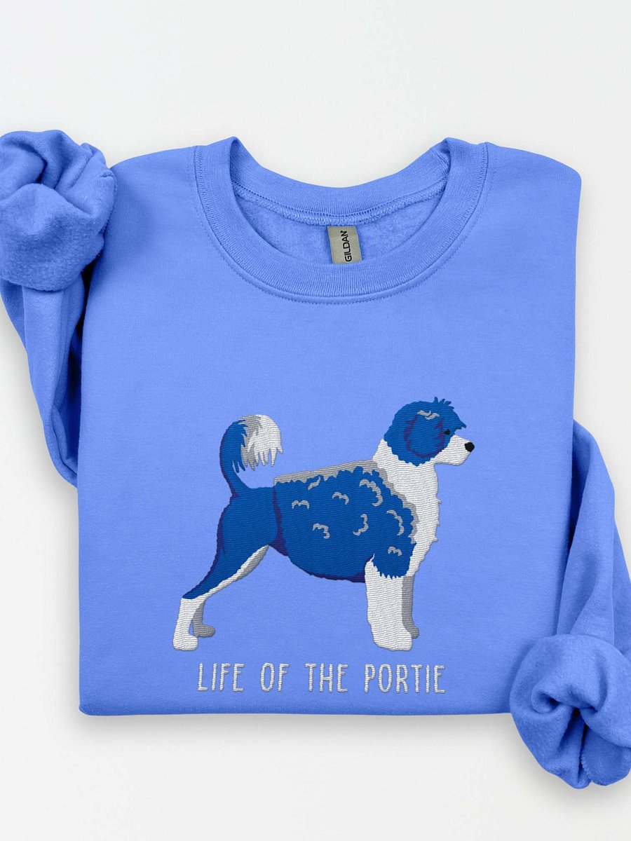 Life of the Portie Sweatshirt (Embroidered) of a Portuguese Water Dog(Blue & White) product image (1)