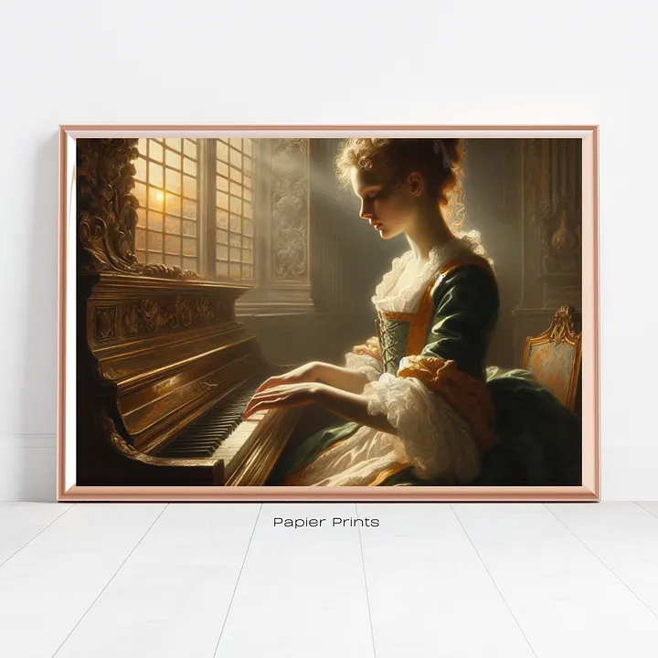 Melodic Grace: Vintage Oil Painting of Young Victorian Woman Playing Piano product image (2)