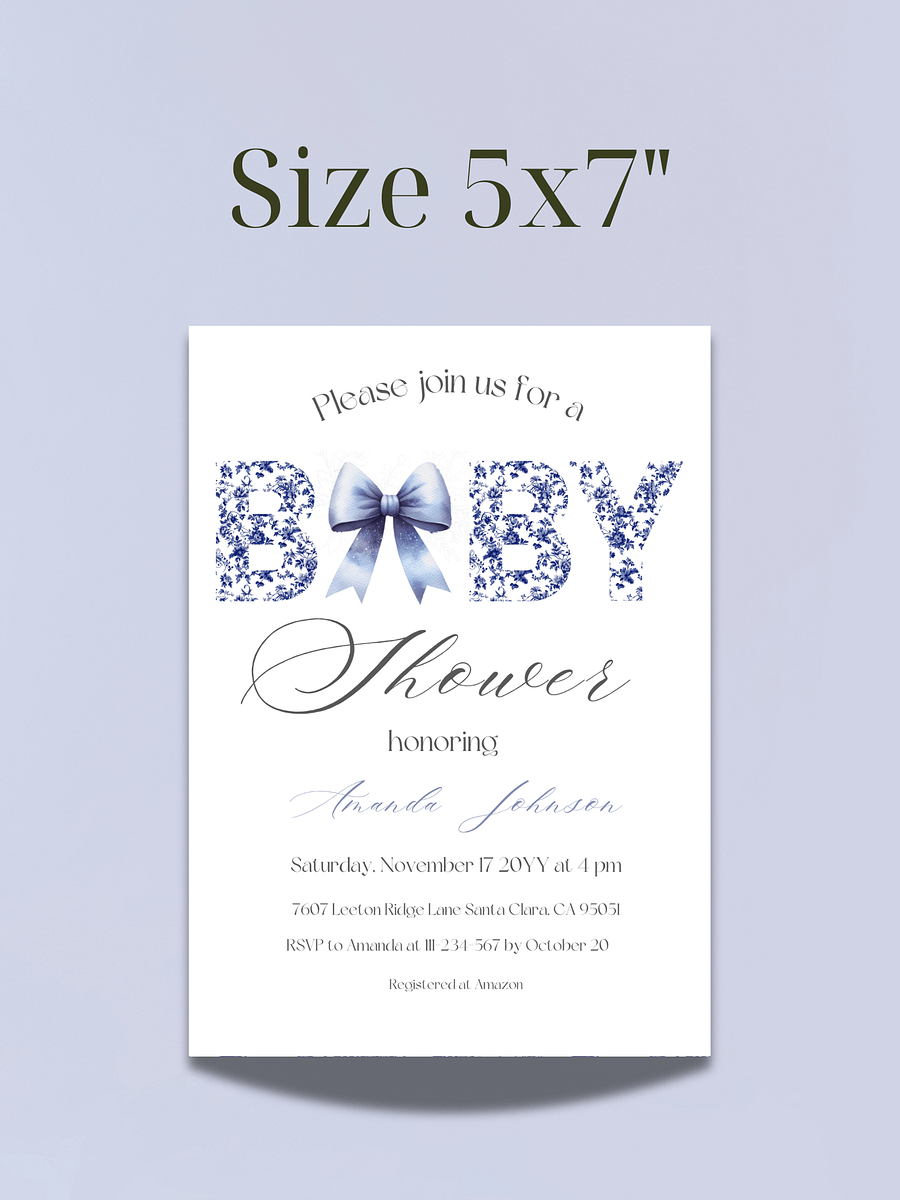 Minimalist Blue Toile de Jouy and Bow Baby Shower Invitation, Chinoiserie Floral Theme, Boy Baby Shower Invite for Digital Download product image (4)
