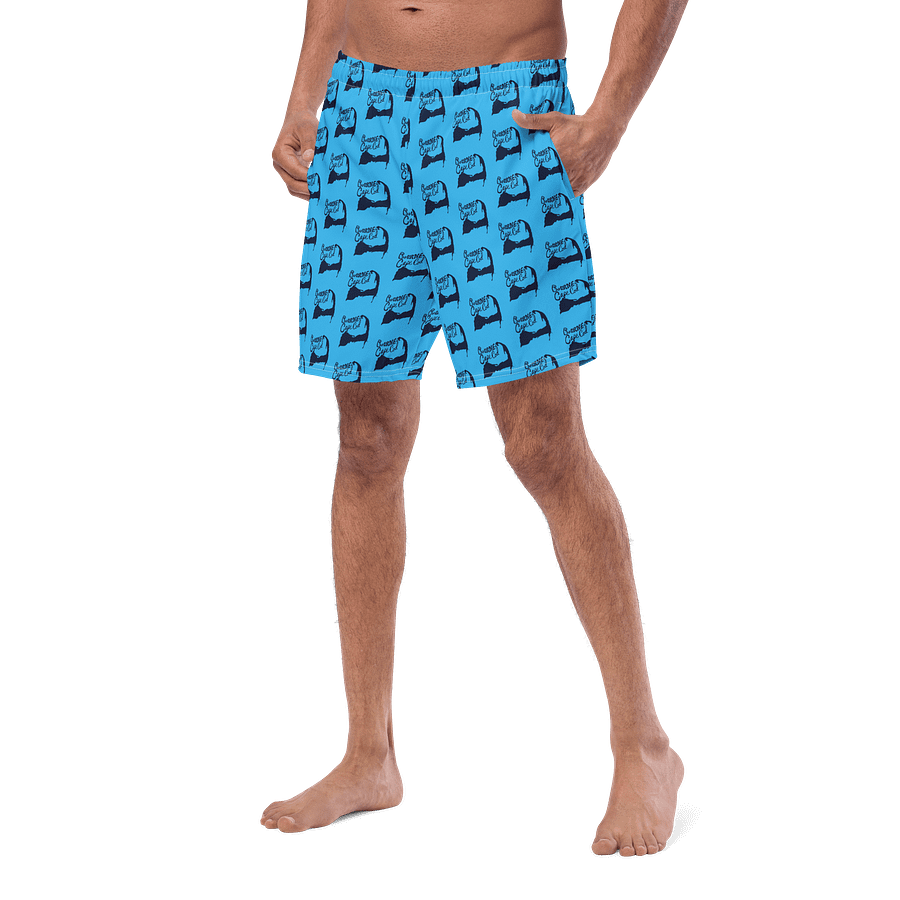 BOURNE to Cape Cod™ All-Over Logo Swim Trunks | Men's UPF 50+ Quick-Dry Coastal Shorts | Navy Logo Repeat Pattern on Deep Sky Blue product image (2)