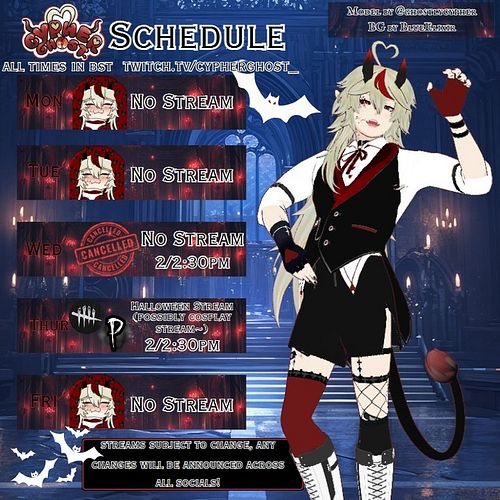 📢THIS WEEKS SCHEDULE IS HERE! HAPPY HALLOWEEN WEEK!
❥Wed @ 2/2:30pm (GMT): CANCELLED
❥Thurs @ 2/2:30pm (GMT): Halloween Strea...