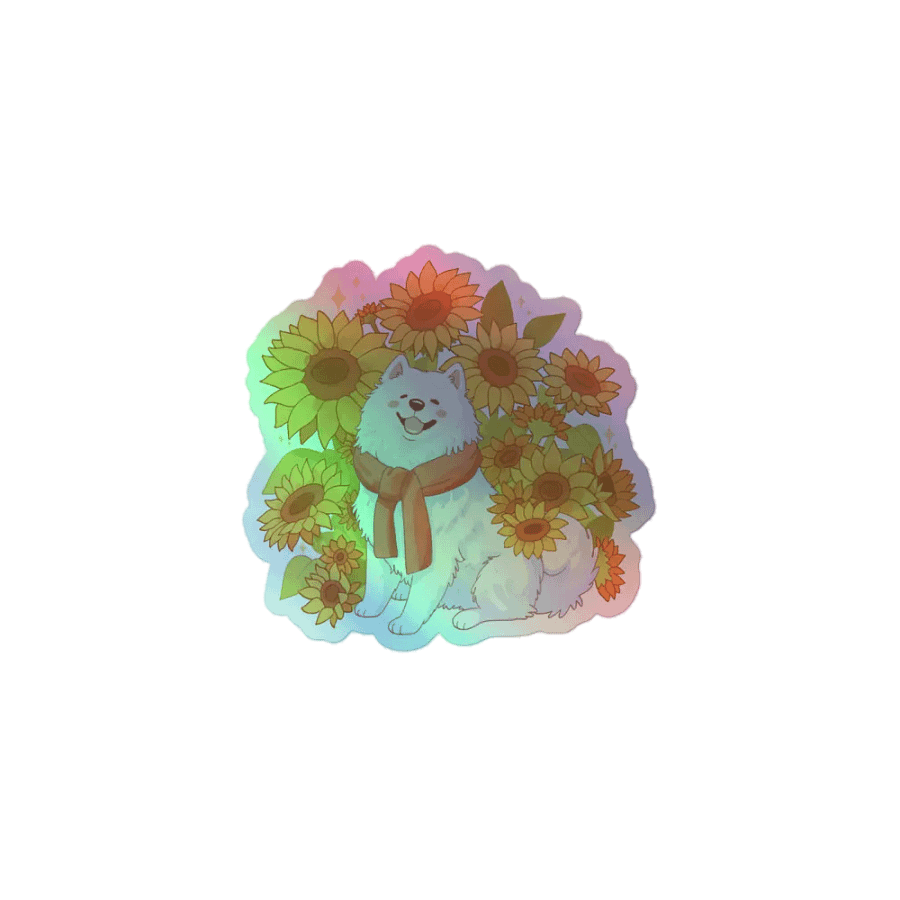 Happy Samoyed fluffy dog surrounded by sunflowers Holographic Sticker product image (2)