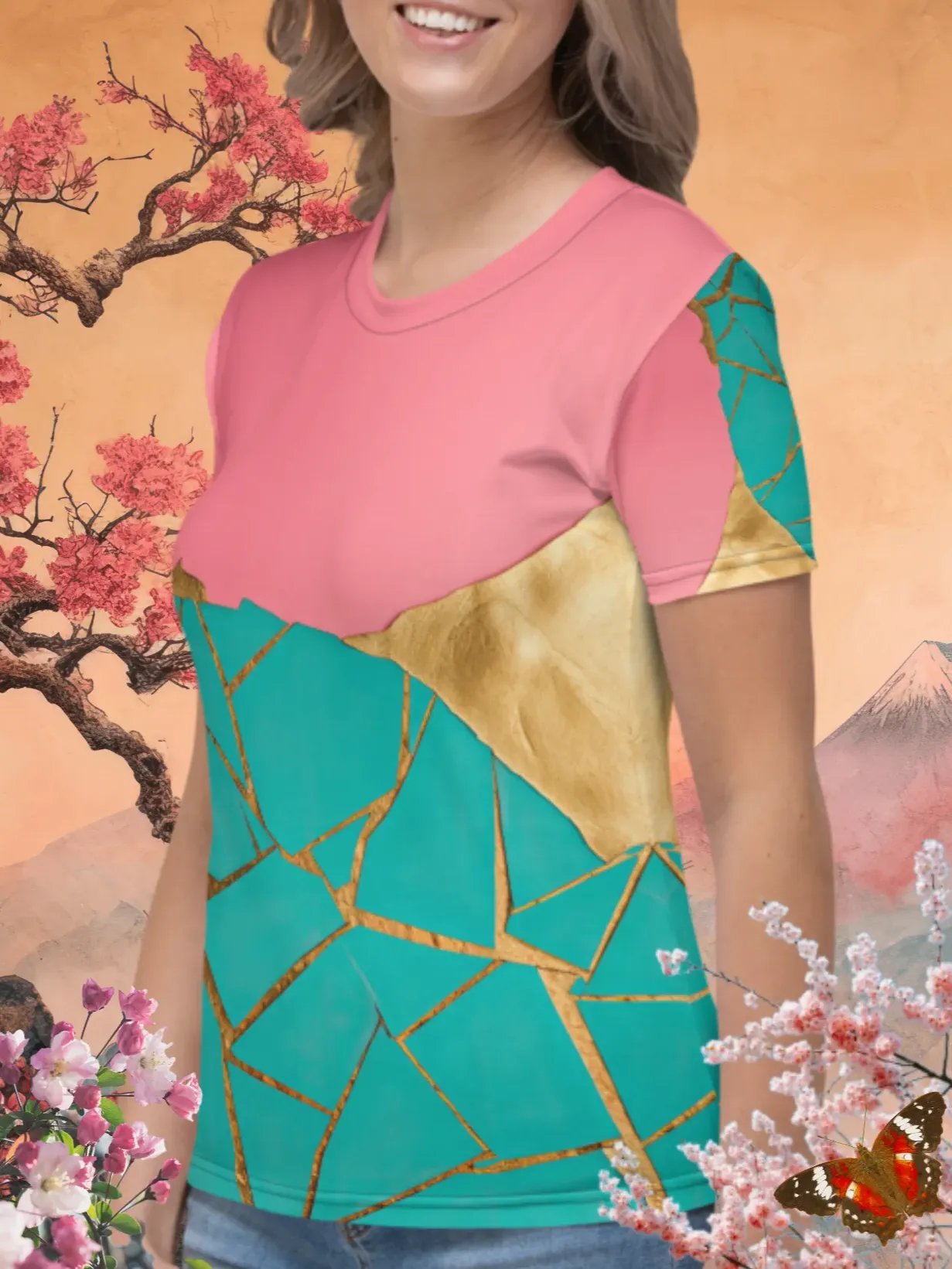 Coral & Teal Kintsugi Fusion Print T-Shirt product image (2)