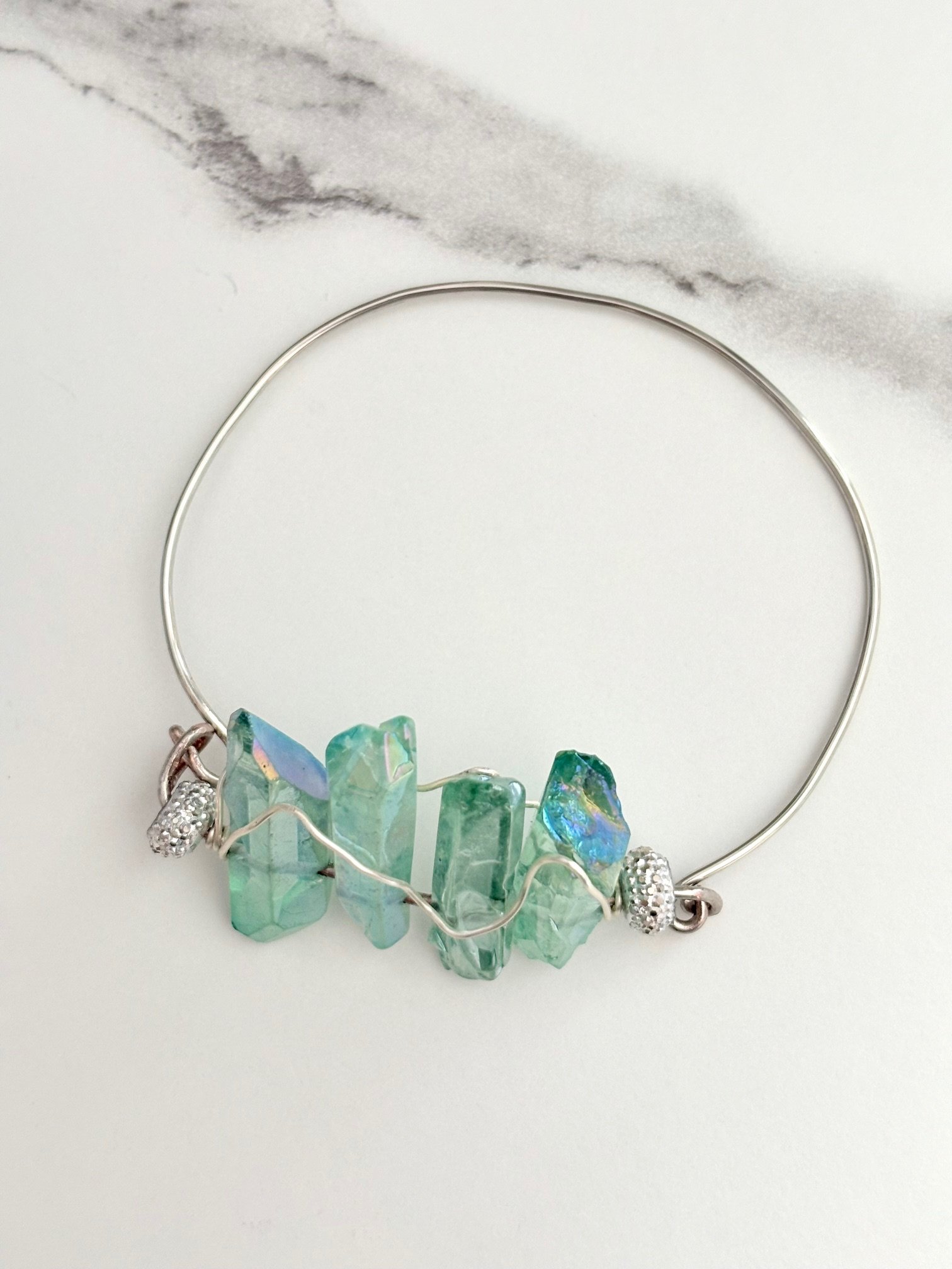 MFD-00191 | 🌊 Mermaid Glow Bangle | Iridescent Seafoam Glass Crystals | Handmade 8" Diameter | Coastal Charm by Monique Faella Designs™ product image (4)