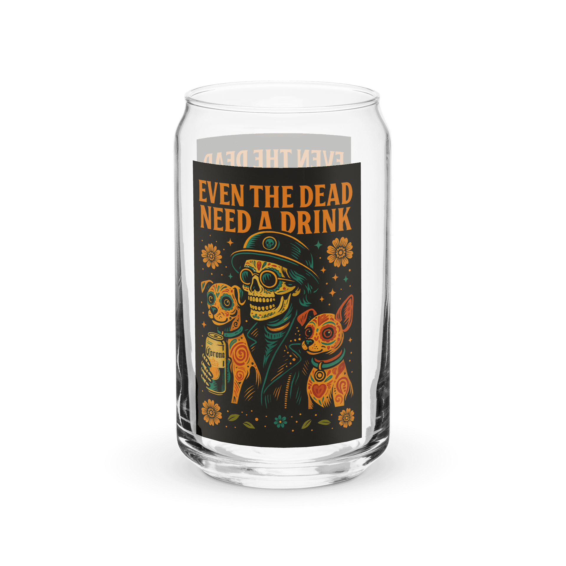 Mel’s Angels “Even the Dead Need a Drink” Can-Shaped Glass – Dia de los Muertos Dog Lover Barware, 16oz product image (2)