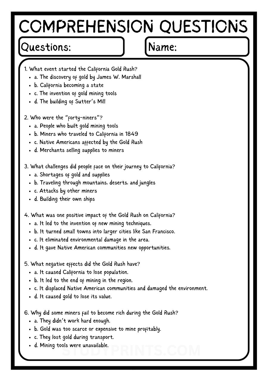 California Gold Rush 1849 Reading Comprehension Worksheet WITH 6 QUESTIONS PDF product image (3)