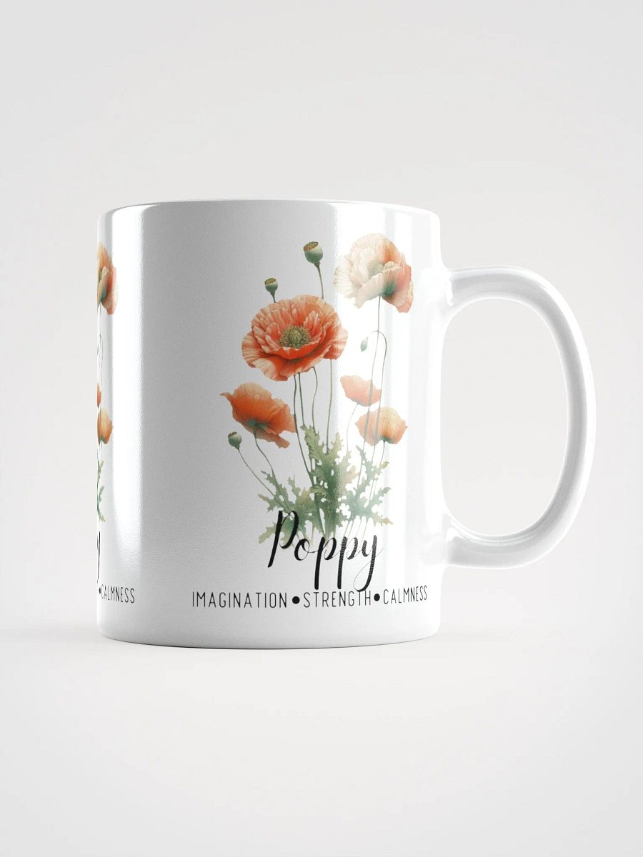 Poppy Ceramic White Mug: Imagination, Strength, Calmness August Birth Month Flower product image (3)