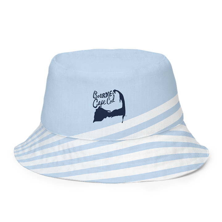 Adults Unisex | Reversible Bucket Hat | BOURNE to Cape Cod™ x BRN.2C.C.™ Logo Print | Coastal Style Sun Hat | Navy Logos on Skyline Stripes product image (1)