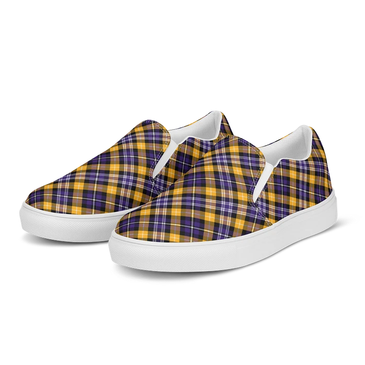 Purple and Yellow Gold Sporty Plaid Women's Slip On Shoes product image (2)