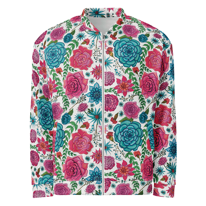 🌸 Bold Blooms, Bold Moves | Pink + Blue Floral on White | Unisex Bomber Jacket | Monique Faella Designs™ product image (1)