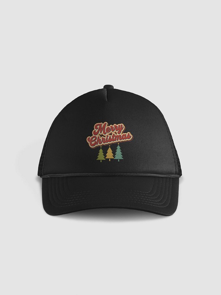 Retro Merry Christmas Trucker Hat – Vintage 70s Christmas Trees Black Mesh Cap, Cute Holiday Gift product image (2)
