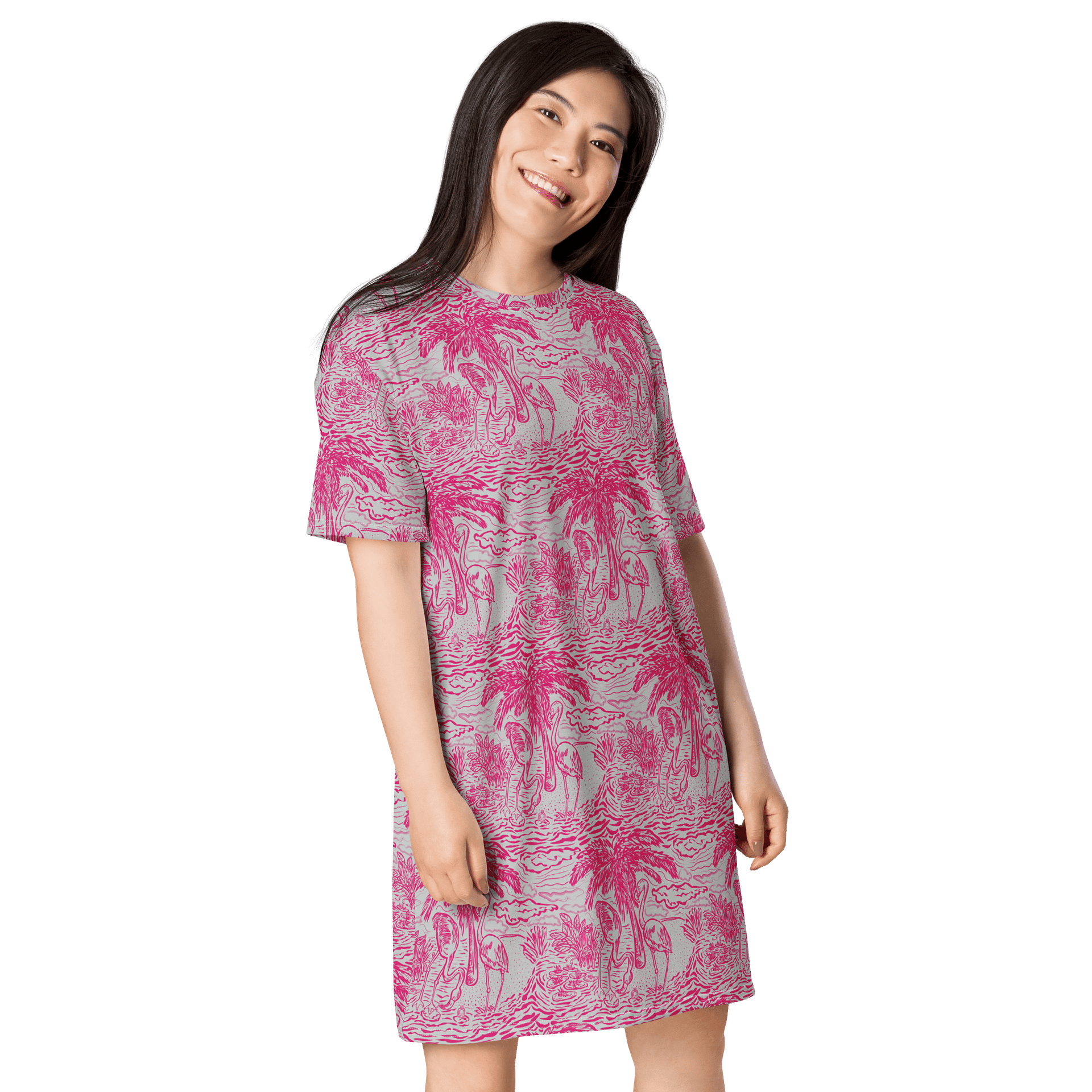 Flamingo Fancy Toile | Pink on Grey Tropical Toile | T-Shirt Dress | by Monique Faella Designs™ product image (1)
