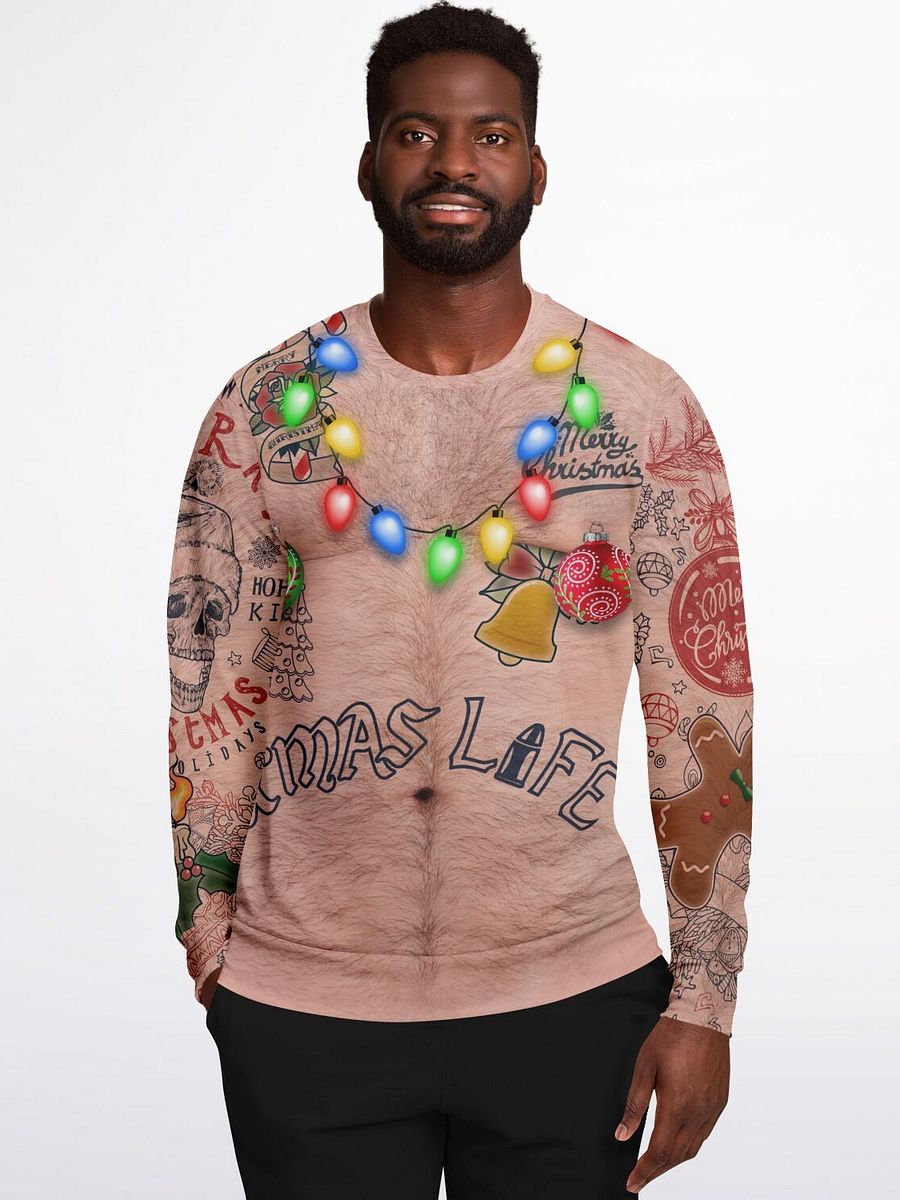 Xmas Life Tattoo Christmas Sweater - Hairy Chest Funny Holiday Sweatshirt - Alternative Santa Skull Design with LED String Lights (Unisex) product image (7)