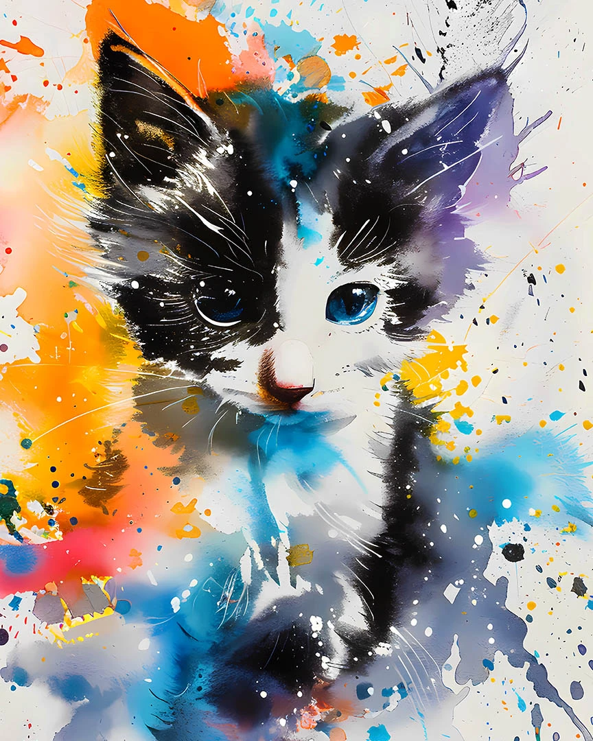 Whimsical Feline Charm: Playful Kitten in Vivid Watercolor Tones Matte Poster product image (1)