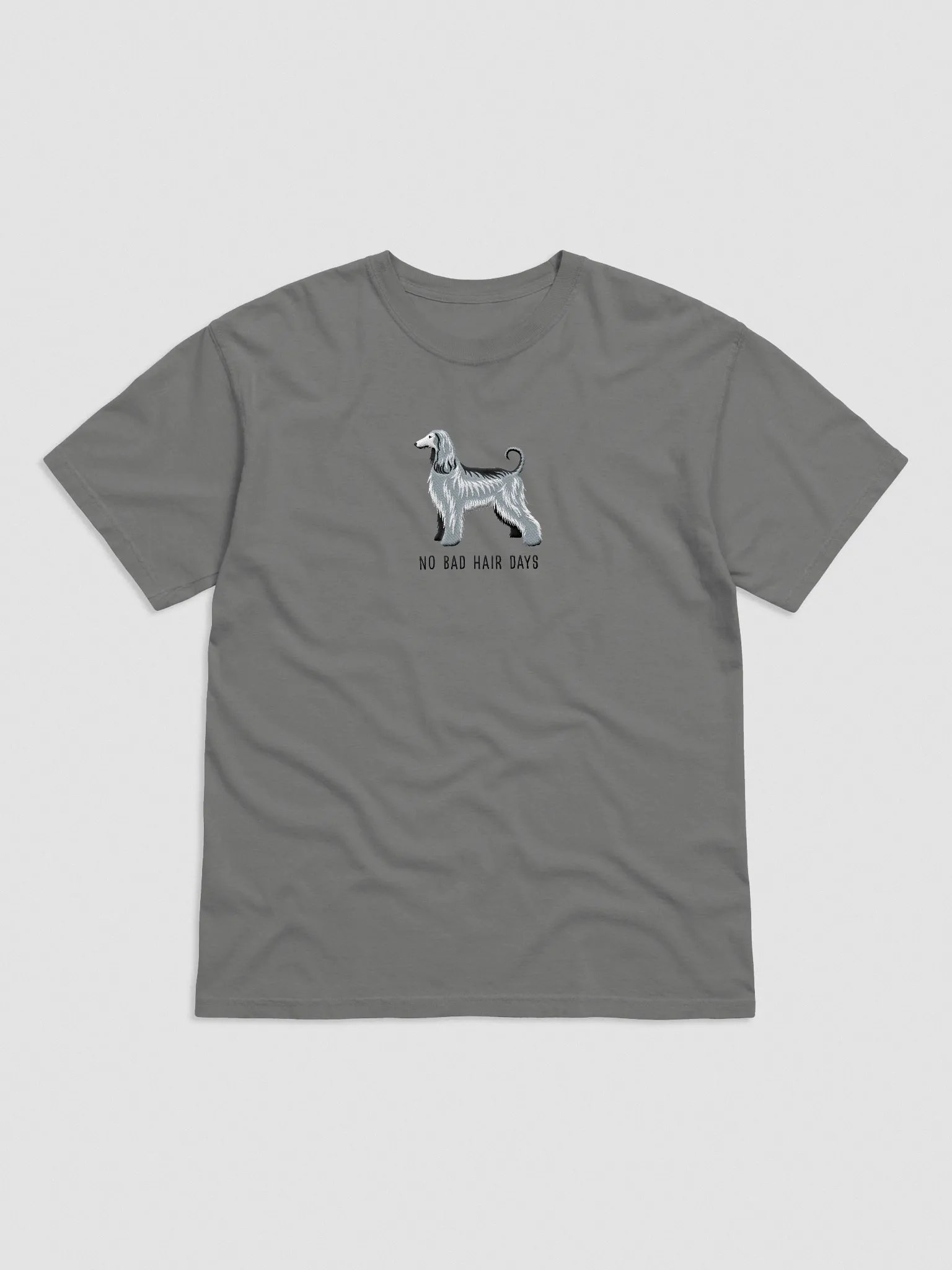No Bad Hair Days T-Shirt(Embroidered) of an Afghan Hound(Gray/Blue) product image (4)