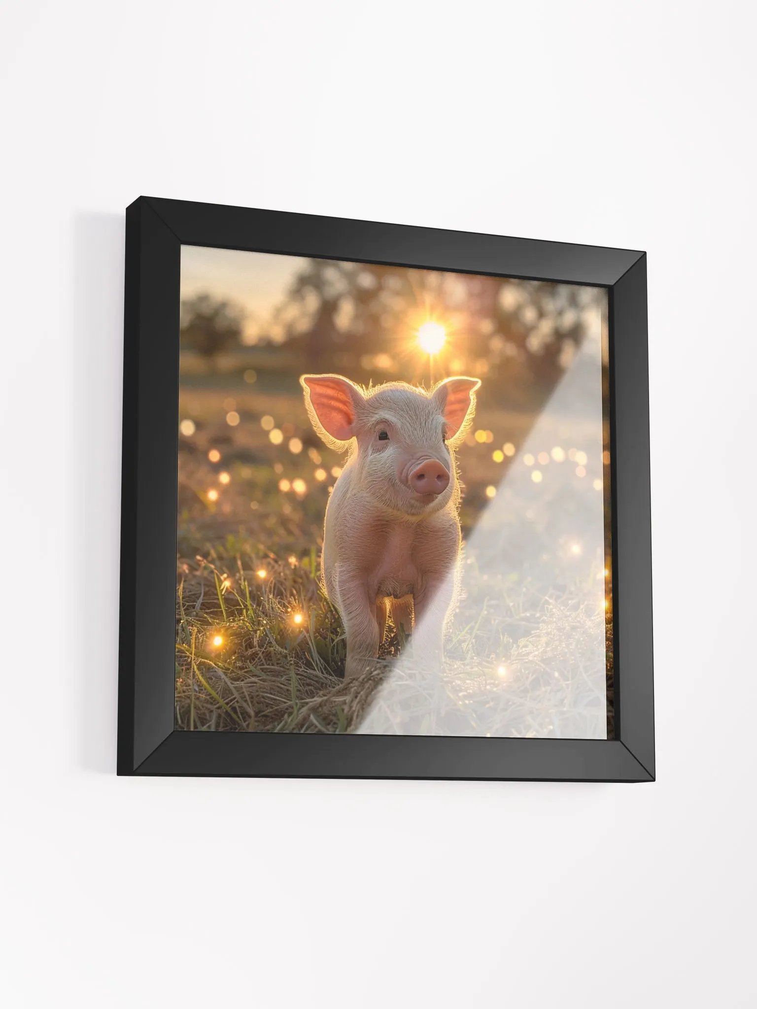 Cute Baby Pig In a Field of Fairy Lights Framed Wall Art product image (3)