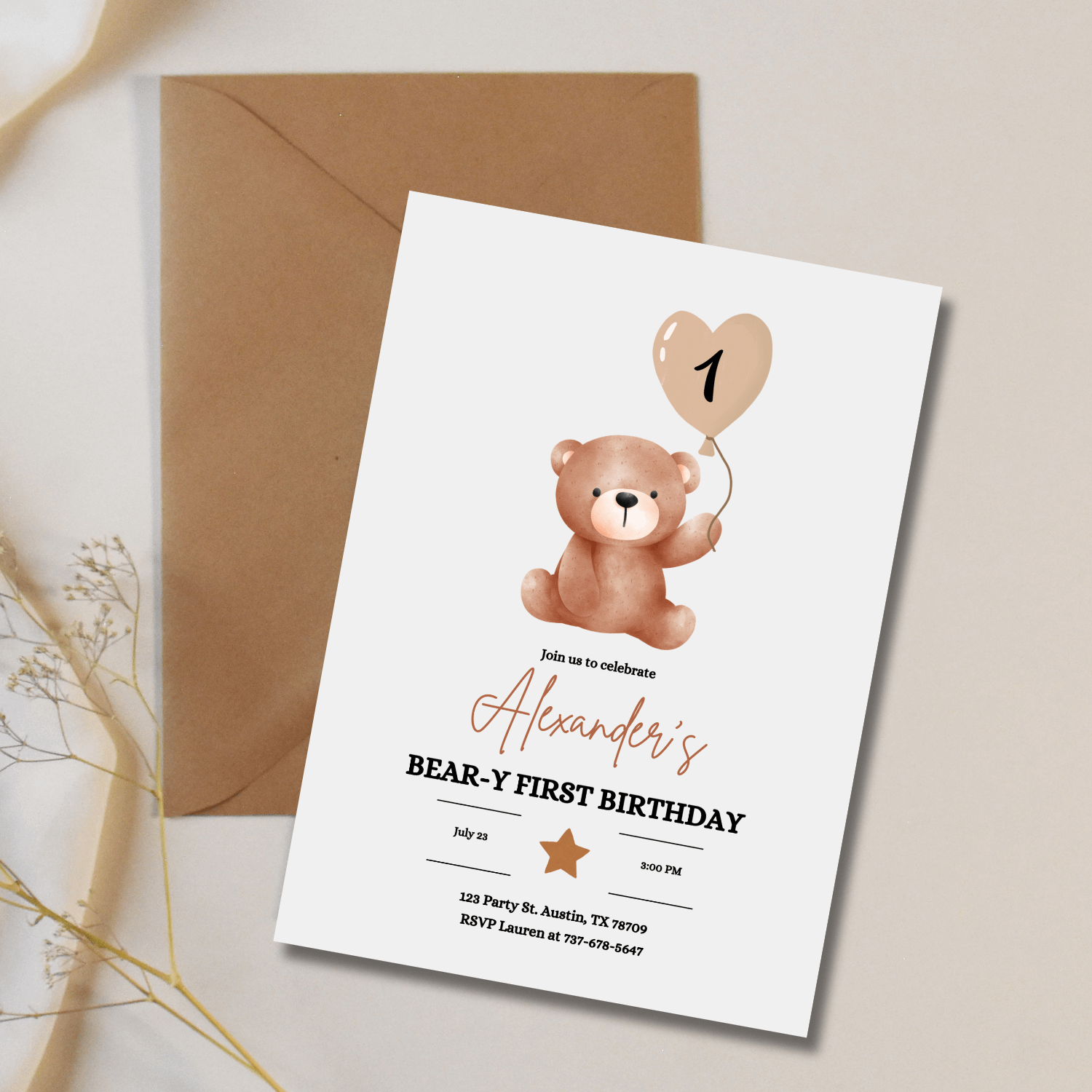 Bear-y First Birthday Invitation | Teddy Bear Birthday Invite | Editable Canva Template product image (4)