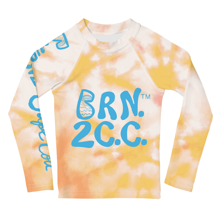 Boys' | Little KIDS | Rash Guard | BRN.2C.C.™ Front Print | BOURNE to Cape Cod™ Back & Sleeve Logo | Coastal UV Shirt for Active Kids | Slim Fit Swim Top | Blue Logo on Orange Tie-Dye product image (1)