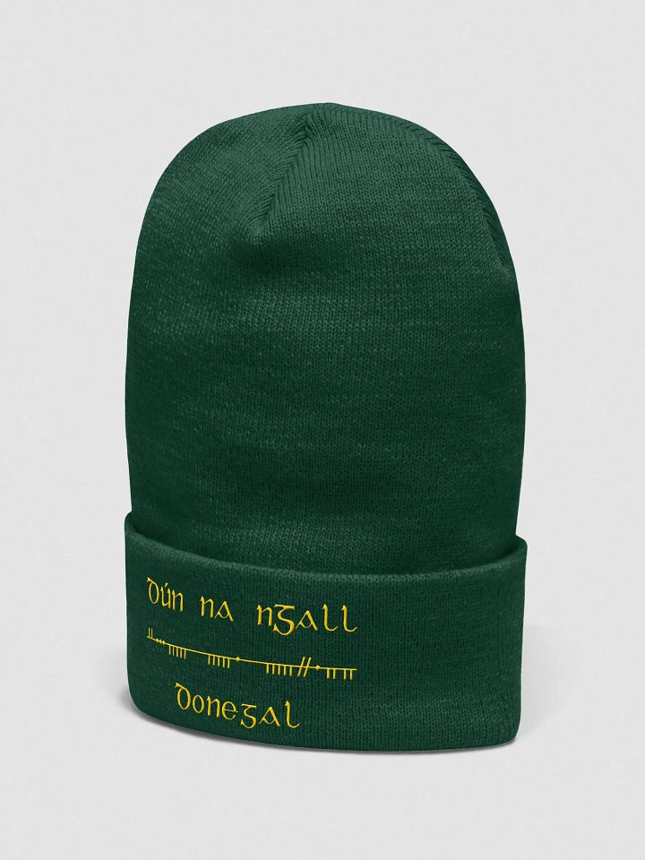 Donegal/Dún na nGall, Scholastic Ogham, Green with Gold, embroidered cuffed Beanie product image (2)