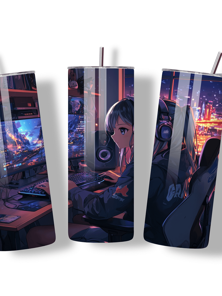Anime Gamer Girl 20oz Skinny Tumbler with Metal Straw – Vibrant Gaming Setup Design – Double-Walled Insulated Stainless Steel Tumbler Gift for Anime and Gaming Fans (Anime Girl 3) product image (2)