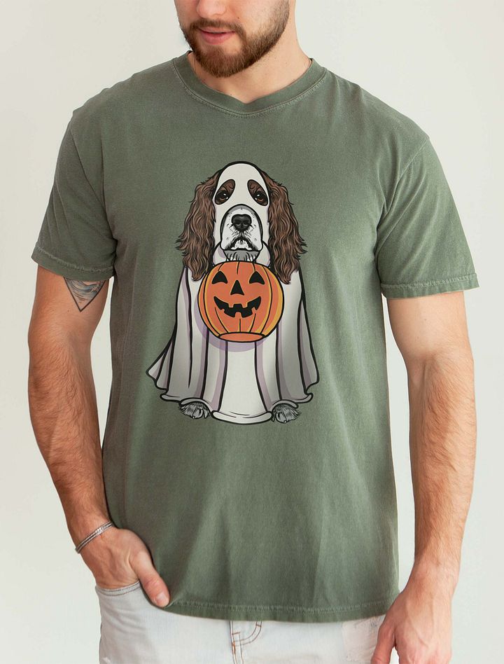 Funny Halloween Cocker Spaniel(Liver & White) T-Shirt | Funny Cocker Spaniel Wearing a Ghost Costume and Holding a Pumpkin Basket product image (5)