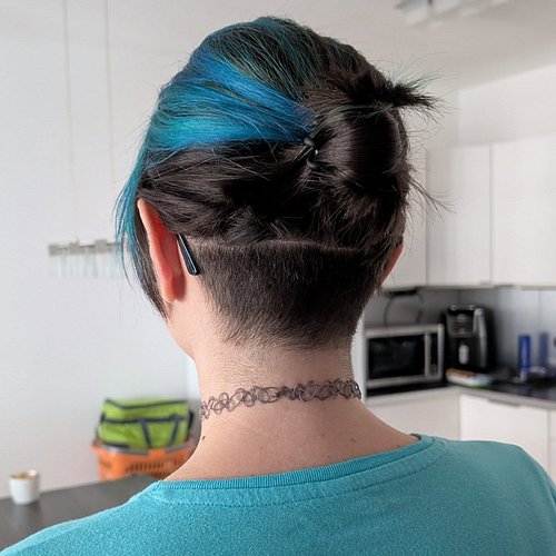 New undercut! 
I had a sidecut for several years, let it grow out, and tried something new. I love the feeling of short hair ...