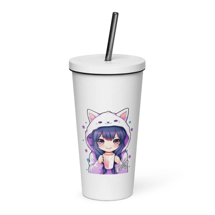 Cozy Kawaii Anime Girl 20 oz Tumbler Cup - White - Insulated Tumbler with a Straw product image (1)