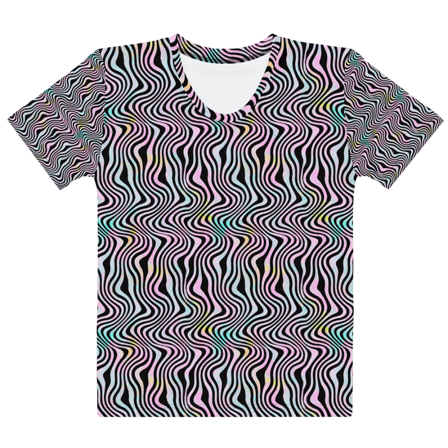 Ladies T shirt all over print wavy turquoise pink and black design ideal for light travel and slimming look product image (9)