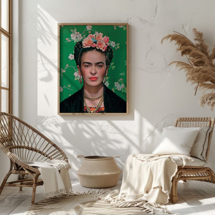 Frida Kahlo Portrait Photo in front of Green Floral Background product image (11)