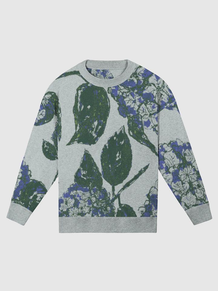 Hydrangea Dreams Knit Sweater | Unisex Relaxed Fit Crewneck | Coastal Botanical Style | Yarn Colors: Powder, Grass, Royal & Pine | Monique Faella Designs™ product image (1)