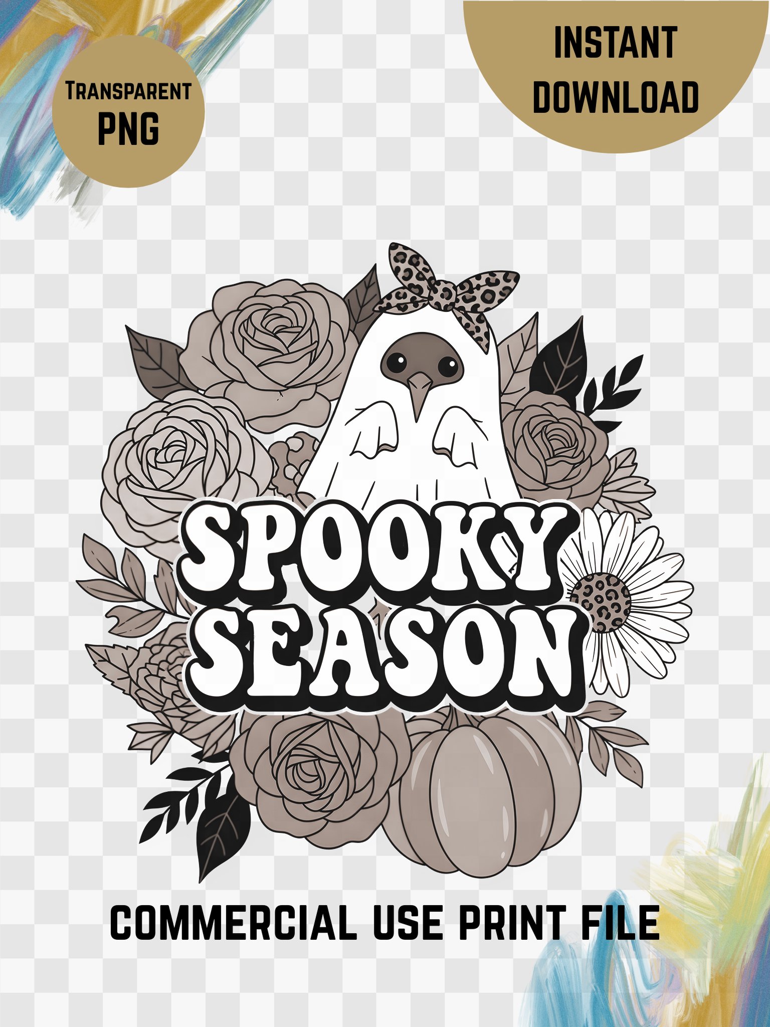 Spooky Season – Ghost Kiwi with Florals (Monochrome) Digital Print product image (6)