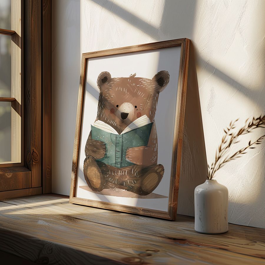 Cute Bear Reading a Book Watercolor Nursery Art Print product image (7)
