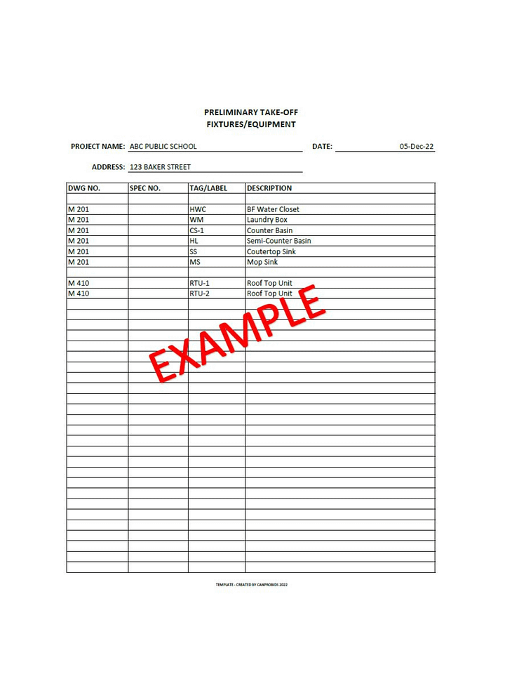 Preliminary Take-Off - Fixtures & Equipment - PDF Print product image (2)
