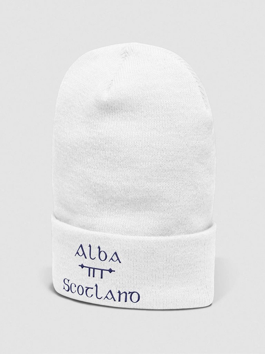 Scotland/Alba Orthodox style Ogham, white with navy, embroidered Cuffed Beanie product image (2)