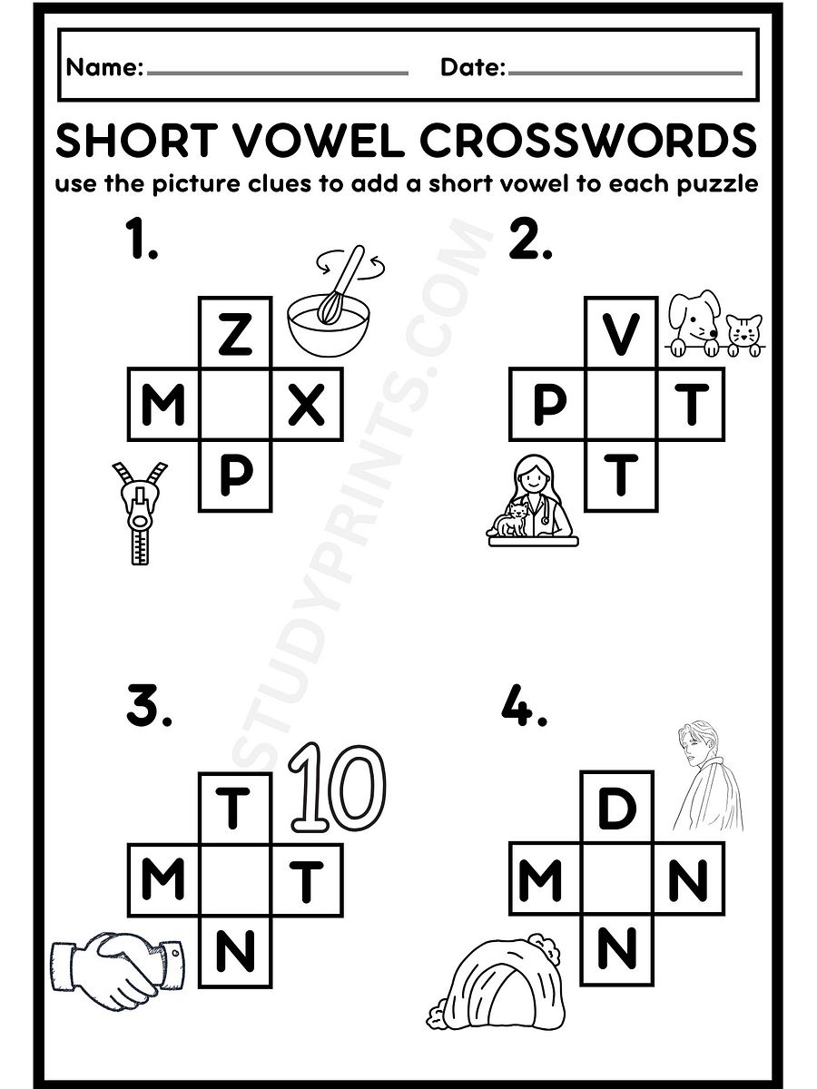 Short Vowel Crossword Puzzles Worksheets PDF product image (3)