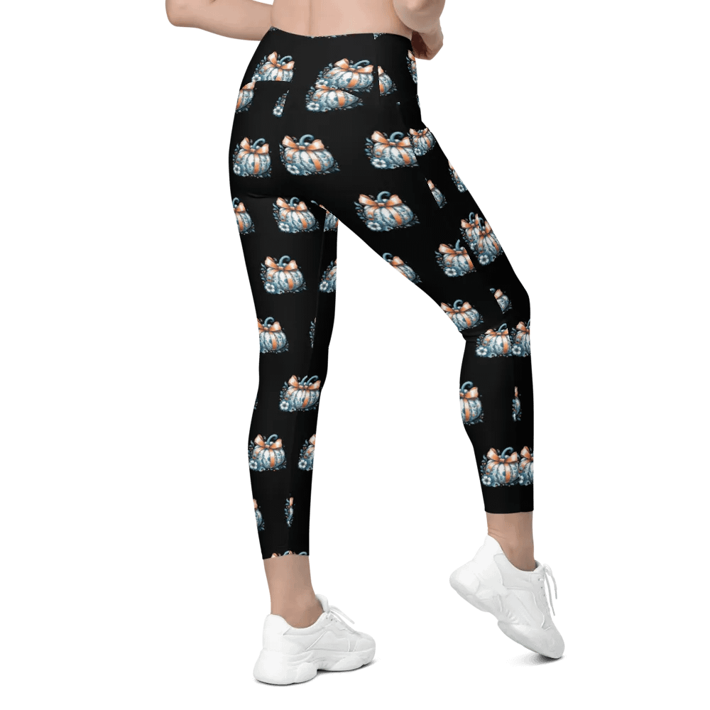 Charming Pattern of Stylishly Whimsical Dressed Blue And White Pumpkins With Orange Ribbon Chic Leggings product image (8)