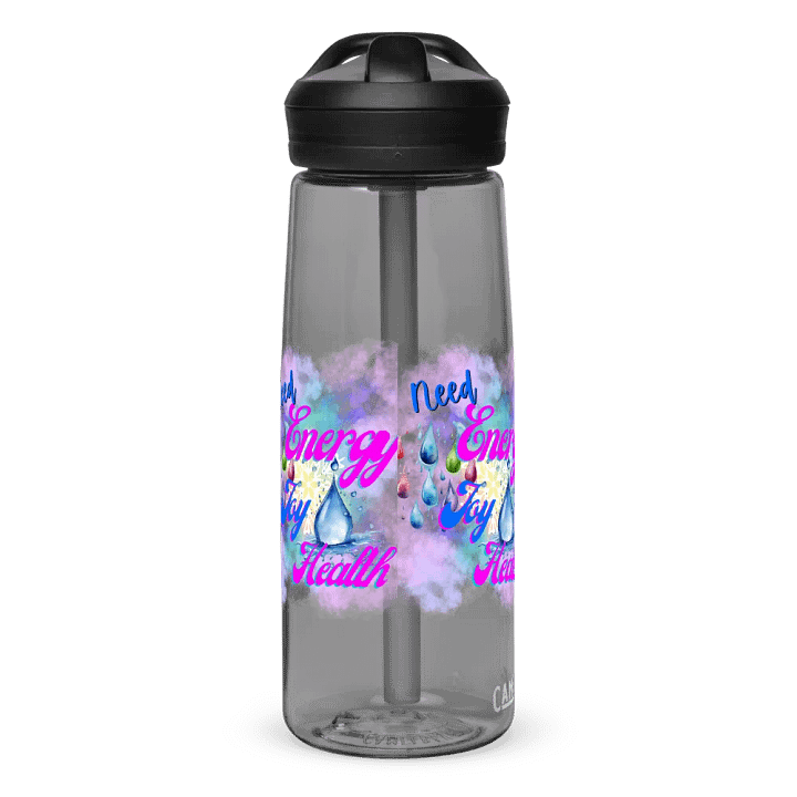 Camelback water bottle with beautiful swirly blue water  splash and drops design featuring ' Need  Energy Love Health