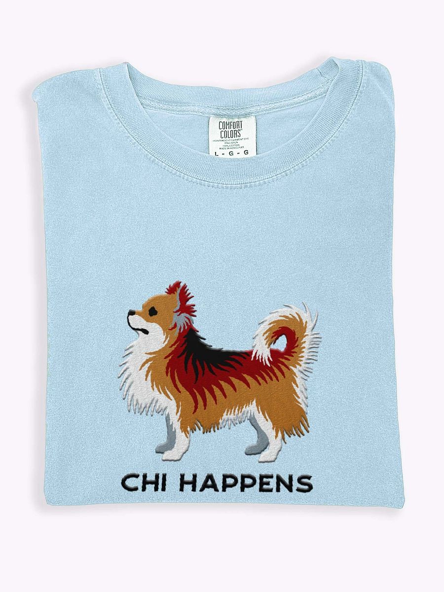 Chi Happens T-Shirt(Embroidered) of a Longhaired Chihuahua(Sable) product image (1)