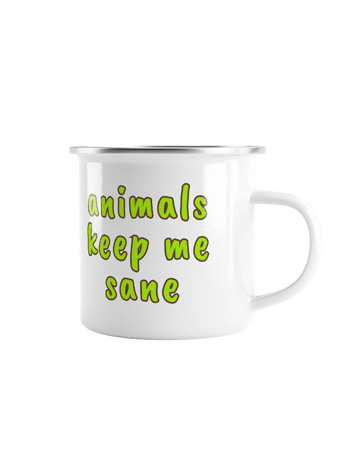Animals Keep Me Sane Mug – White Enamel Coffee Cup with Retro Flower, Light Green & Brown Design, Pet Lover Gift, Cozy Animal Lover Mug product image (1)