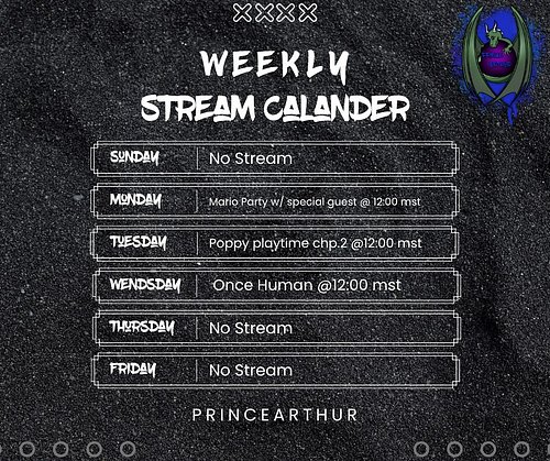 Stream schedule for the next week. Hope to see you there :)