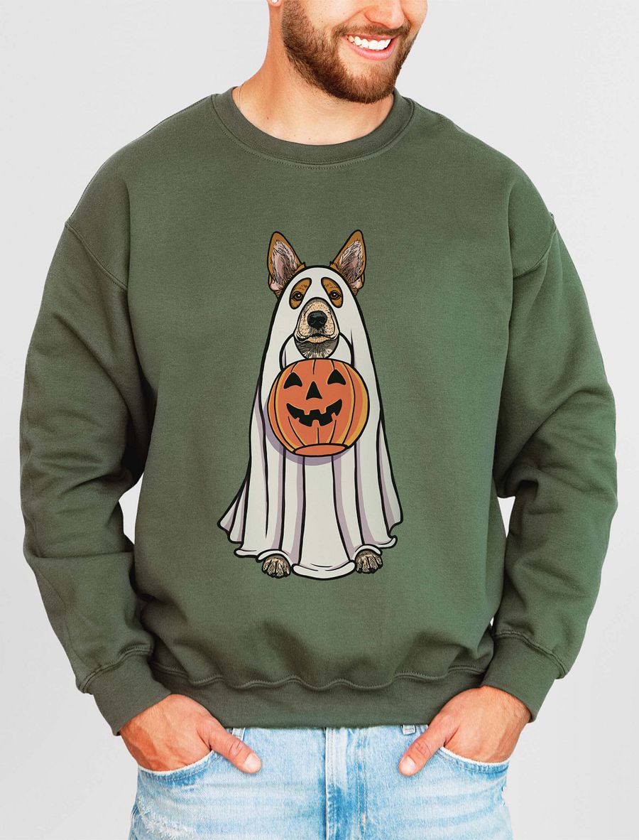 Funny Halloween Australian Cattle Dog(2) Sweatshirt | Funny Red Heeler Wearing a Ghost Costume and Holding a Pumpkin Basket product image (15)