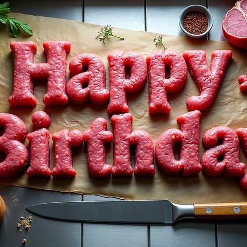 Birthday card for vegans 🎂🥩 Part of the Awkward Wishes series, this card spells 'Happy Birthday' with raw chicken legs, sausa...