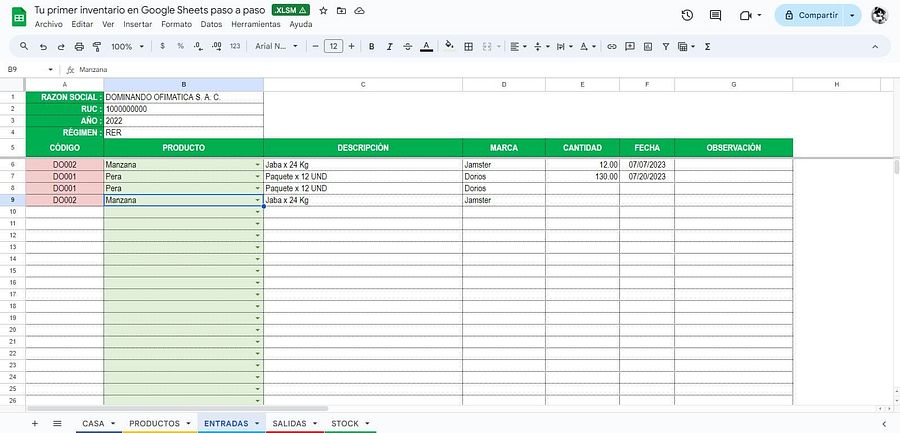 Inventario con entradas, salidas y stock en Google Sheets product image (3)