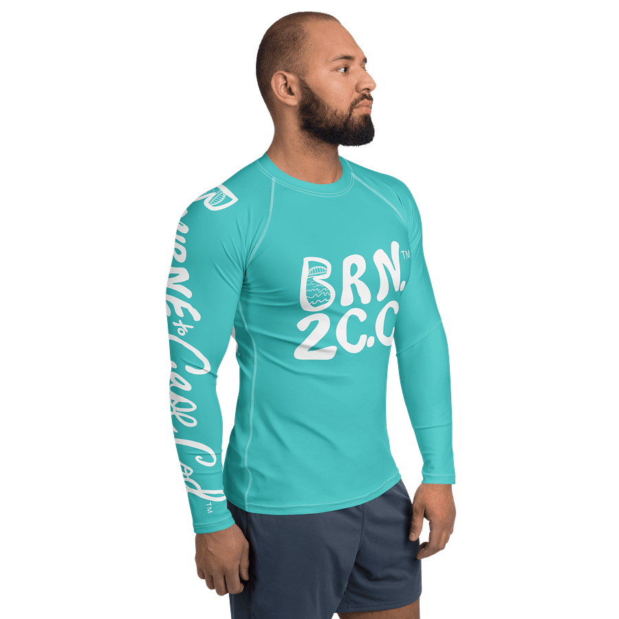 BRN.2C.C.™ /BOURNE to Cape Cod™ | Men’s Long Sleeve Rash Guard | UPF 50+ Active Coastal Shirt | White Logos on Dark Turquoise product image (4)