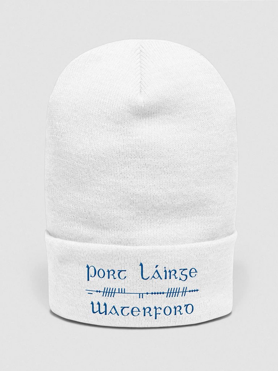 Waterford/Port Láirge, Scholastic style Ogham, white with blue, embroidered Cuffed Beanie product image (1)