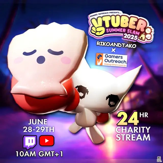 I'm gonna be streaming for charity on June 28-29th for 24hrs! We're raising money for @Gamers Outreach, helping children in hospital! Spread word! 🙏  I'll be streaming on Twitch AND YouTube! Twitch.TV/RikoandTako, YouTube.com/@RikoandTako Drawing and gaming throughout the stream ☀️ #vtuber #charity #livestream #gamersoutreach #gaming #artist #event #summer #fyp 