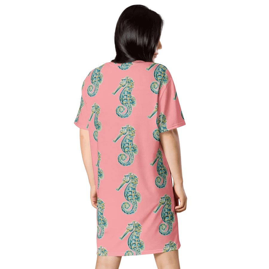 Women's | Ocean Majesty | Painted Seahorse | T-Shirt Dress | Coastal Oversized Dress | Ocean-Inspired Casual Style | Wewak Pink Background product image (2)