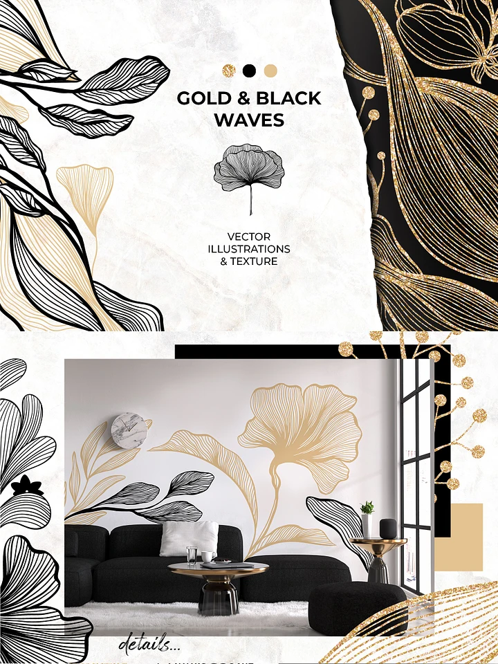 Line Art Modern Clipart Collection. Gold & Black Waves. Lines, Flowers product image (1)