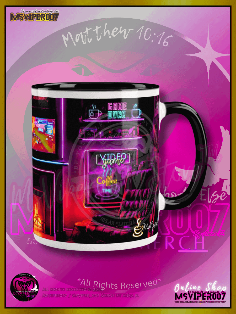 Mug - MsViper007's "Gaming and Coffee [retro/neon]" Hot Beverage Mug with color inside by Anna H. product image (3)