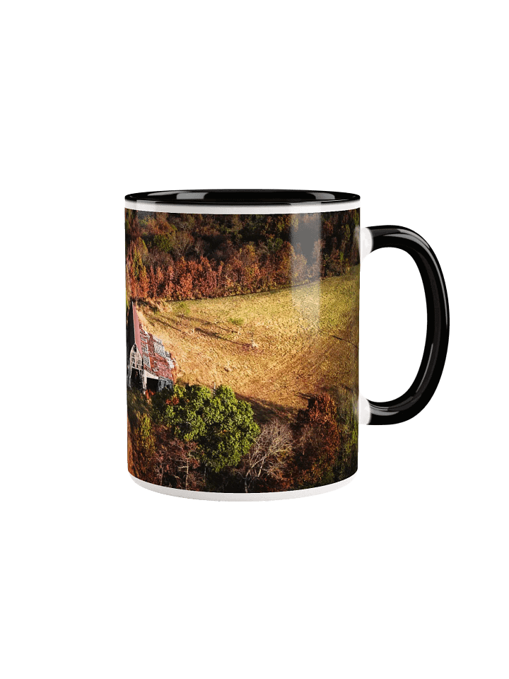 A ceramic mug, with a rustic, timeworn barn amongst the beautiful autumn colors in Taney County, Missouri. product image (1)